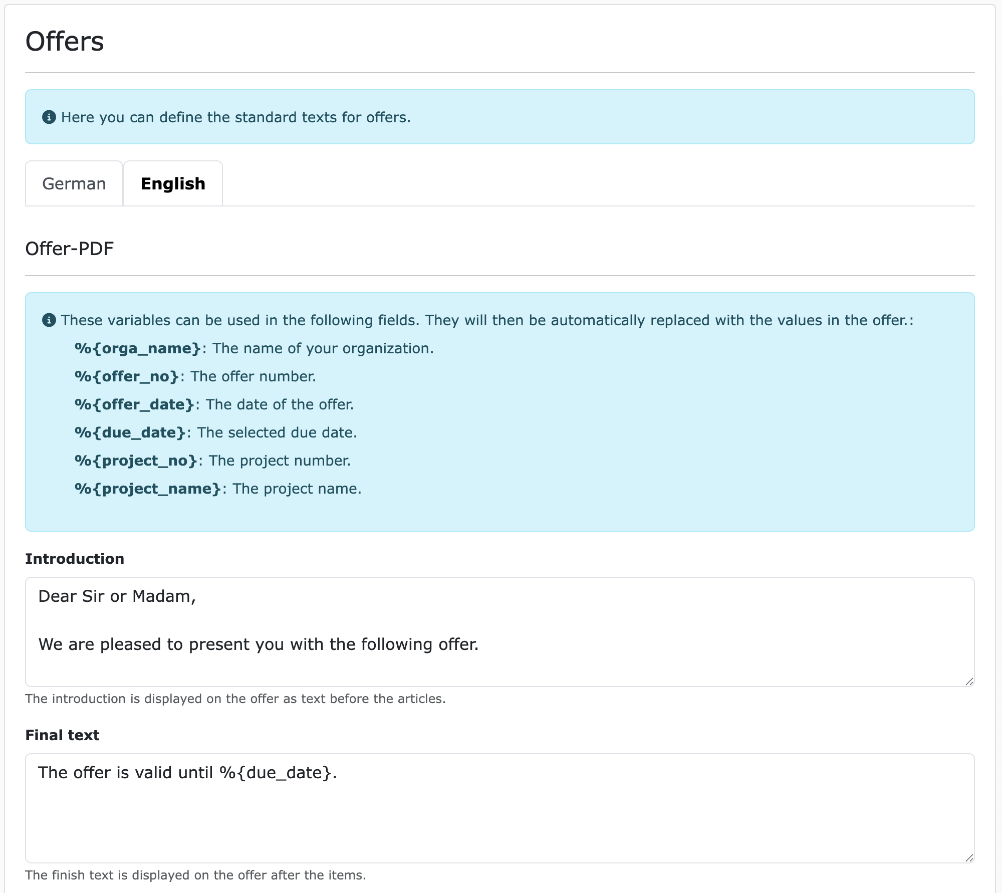 Configure your default texts for offers on ZEIT.IO