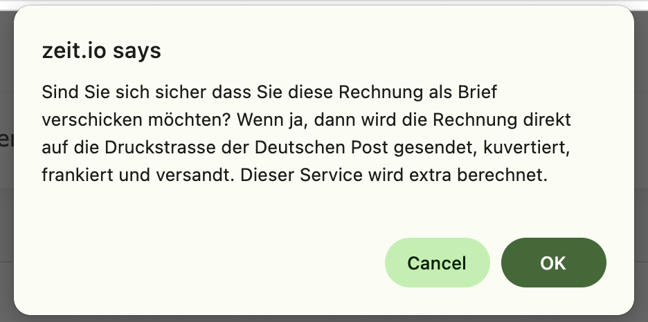 ZEIT.IO Sicherheitsabfrage vor dem Versand einer Rechnung als Brief.