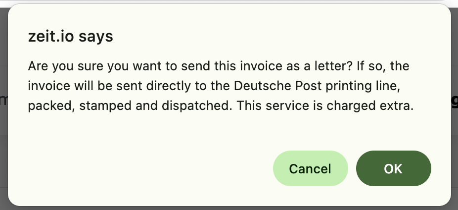 ZEIT.IO security query before sending an invoice as a letter.